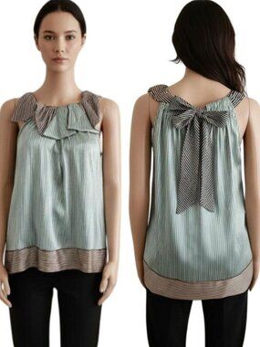 BCBGMAXAZRIA Silk Striped Ruffle Detail & Bow Back Sleeveless Blouse Women's XXS